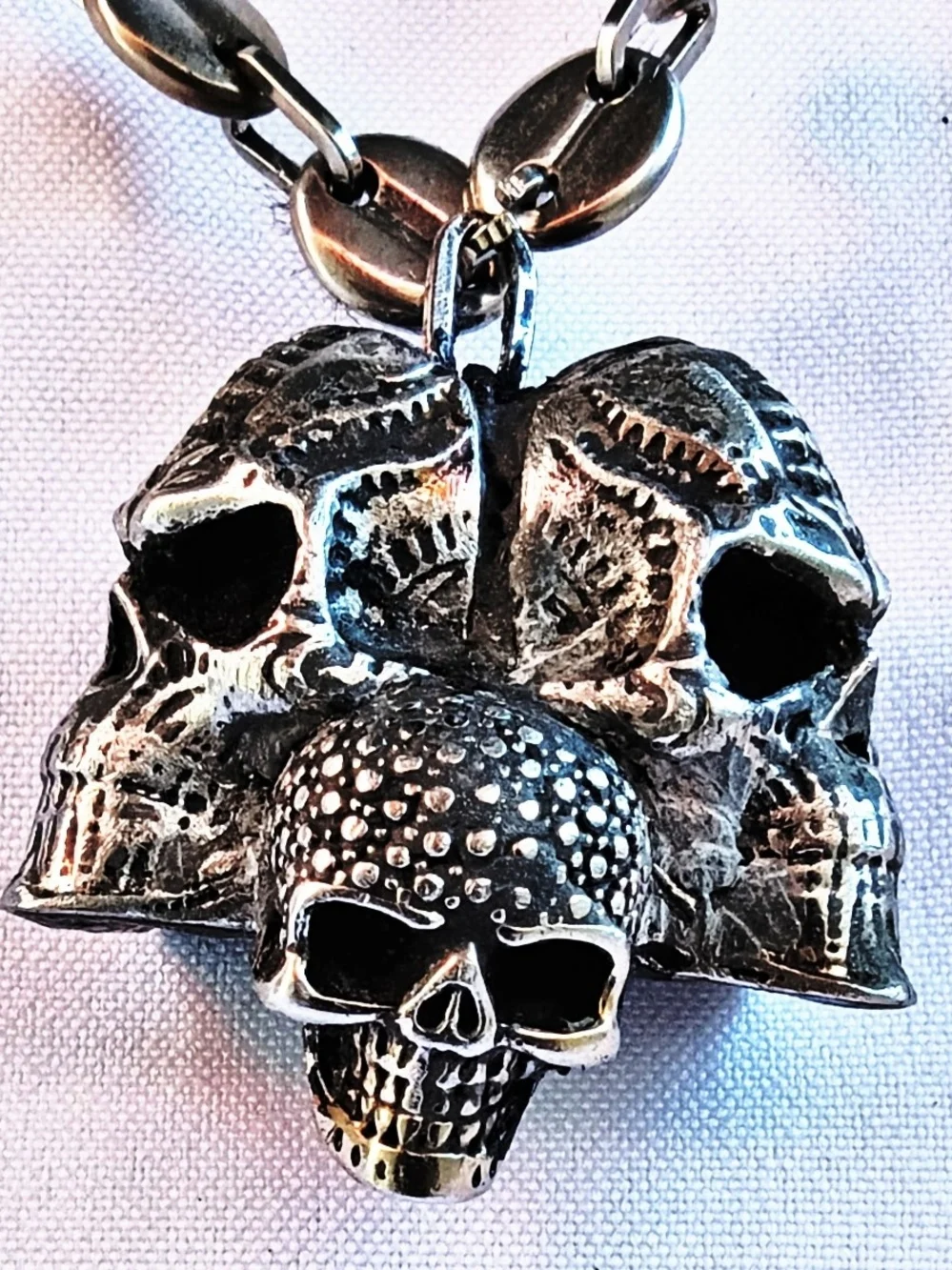 Triple Skull Pendant Necklace - Men's Stainless-Tone Gothic Jewelry